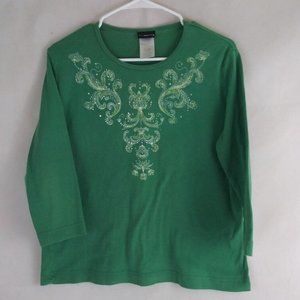 Trilllogy Women's Green Embroidered Beaded Shirt Size Large